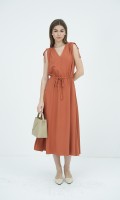 G-Ochre V-Neck Woven Flared Dress